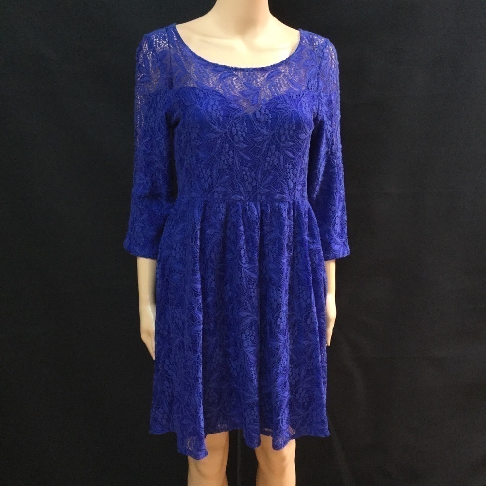 FREE PEOPLE Solid All Blue Lace Long Sleeve Shake It Up Dress Womens Size Small